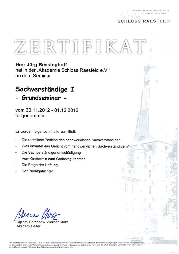 Zertifikat Schloss Raesfeld Sachverstaendige I 01.12.12