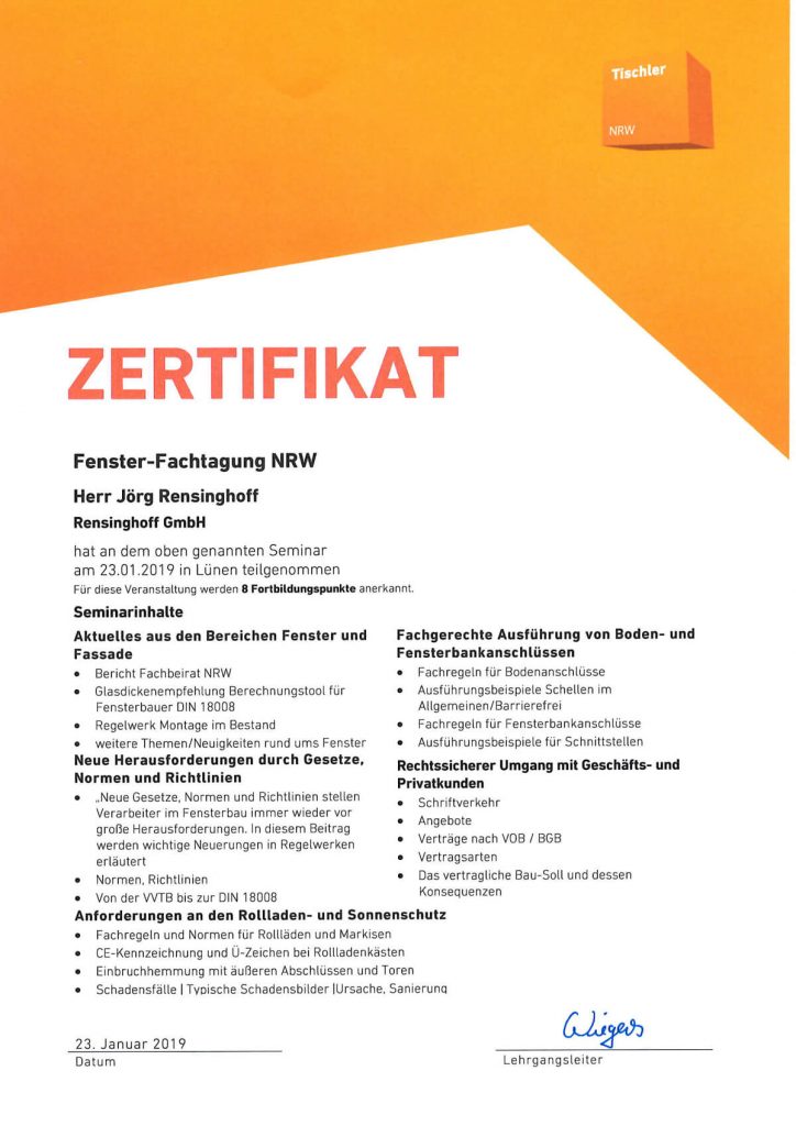 Zertifikat Tischler NRW Fenster Fachtagung vom 23.01.19