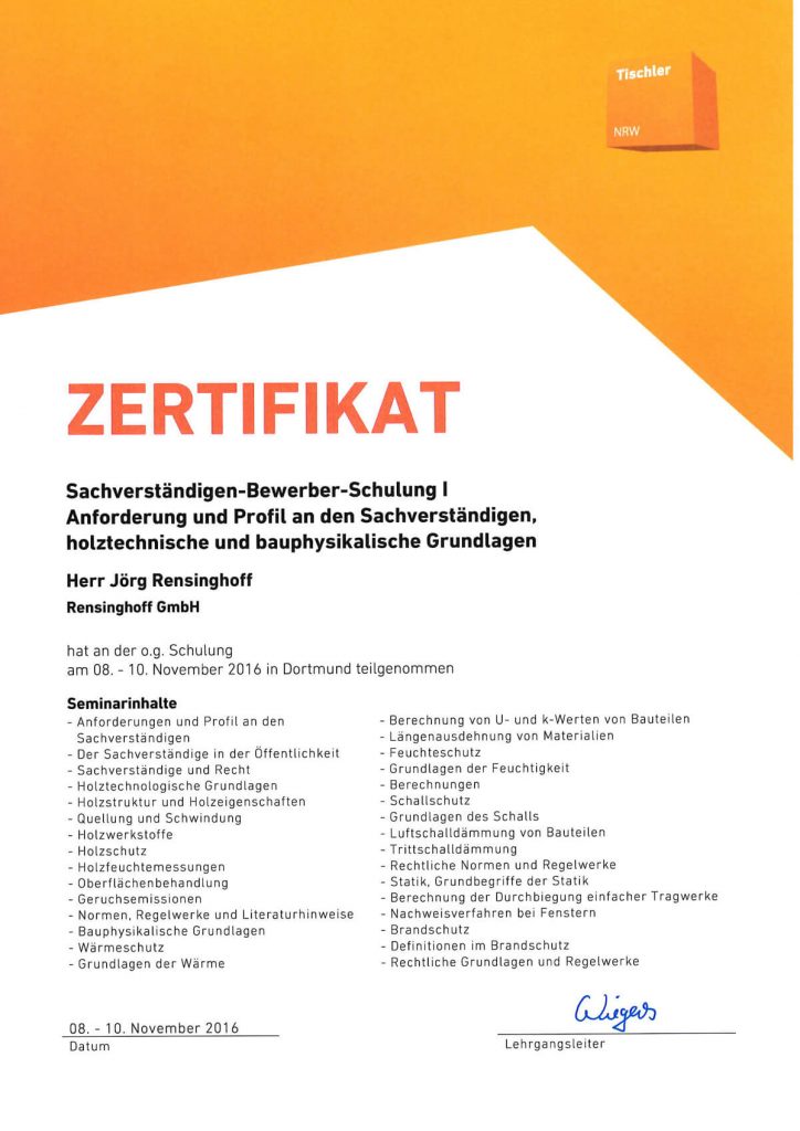 Zertifikat Tischler NRW Fenster Sachverstaendigen Bewerber Schulung I vom 10.11.16