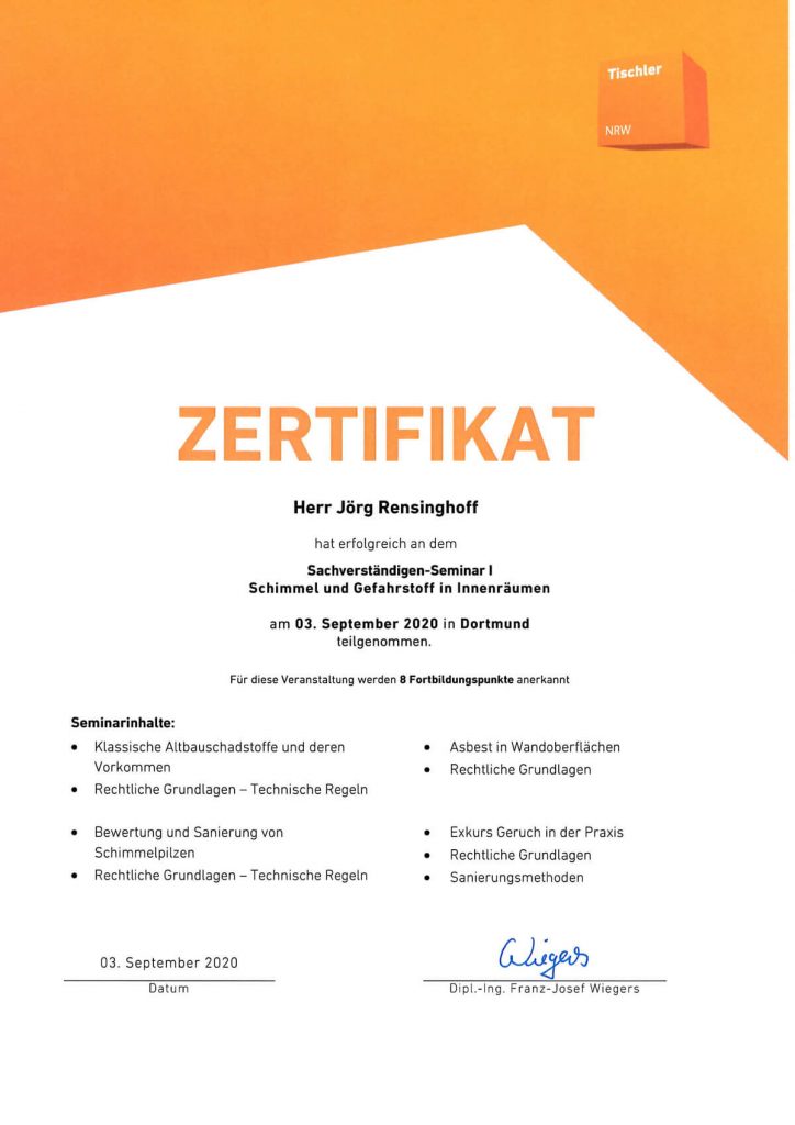 Zertifikat Tischler NRW Sachverstaendigen Seminar I vom 03.09.20