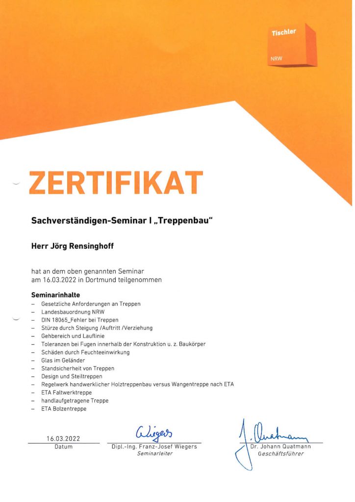 Zertifikat Tischler NRW Seminar I Treppenbau vom 16.03.22
