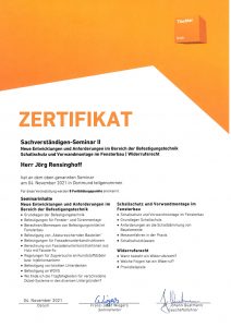 Zertifikat Tischler NRW Sachverstaendigen Seminar II vom 03.09.20