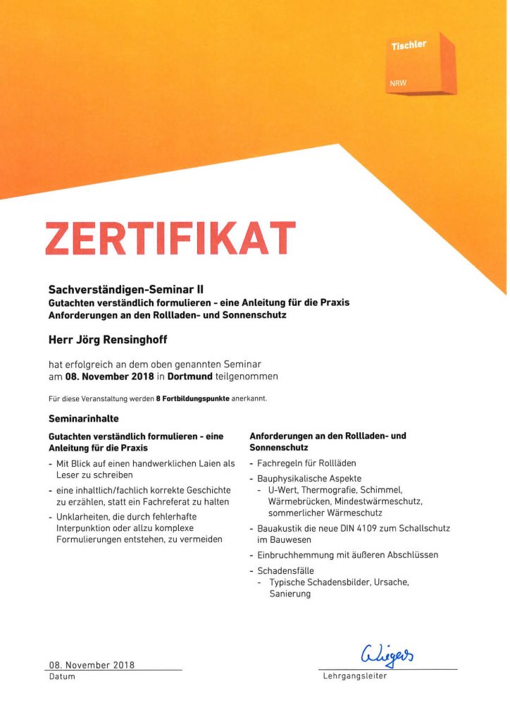 Zertifikat Tischler NRW Sachverstaendigen Seminar II vom 08.11.18