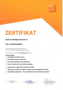 Zertifikat Tischler NRW Sachverstaendigen Seminar II vom 23.11.22