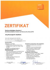 Zertifikat Tischler NRW, Sachverständigen-Seminar-1, Oberflächenschäden an Fenstern und Türen aus Alu, Holz, PVC, 03.04.2025